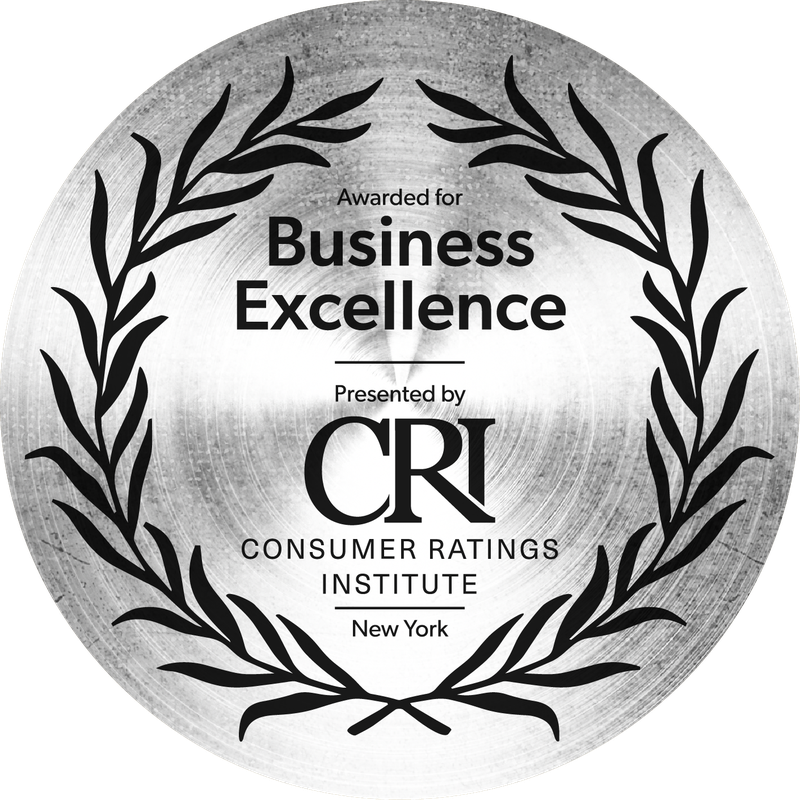CRI Business Excellence Award seal with laurel wreath presented by Consumer Ratings Institute